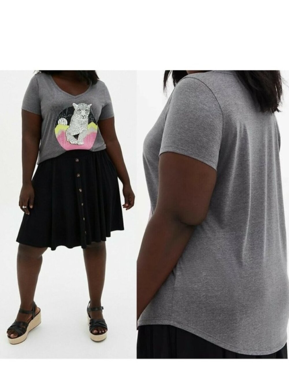 Torrid | Heather Grey Classic Fit V Neck Cotton Tee Leopard | Size 2
